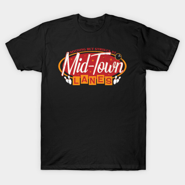 Black "Mid-Town Lanes" graphic tee, vintage bowling design, cotton material, casual wear.