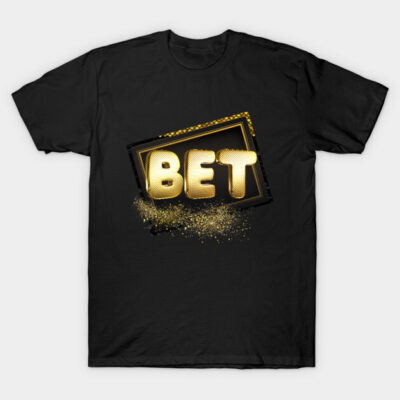 Black cotton t-shirt with gold "BET" graphic design, casual style, ideal for everyday wear.