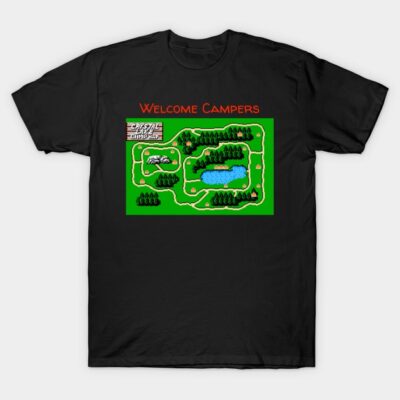 Black T-shirt featuring retro camp map design with "Welcome Campers" text, casual style, cotton material.