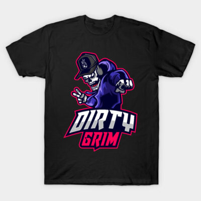 Black graphic t-shirt with a colorful skeleton design, bold "Dirty Grim" text, casual streetwear style.