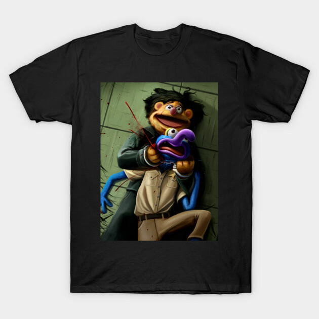 Black T-shirt featuring colorful, artistic puppet design, perfect for casual wear and showcasing unique style.