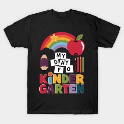 Black kindergarten T-shirt with colorful design featuring rainbow, apple, and pencils, perfect for back-to-school.