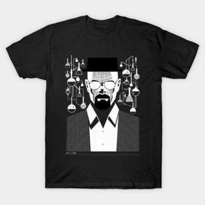 Black graphic t-shirt featuring abstract chemistry design, short-sleeve, casual wear, cotton material.