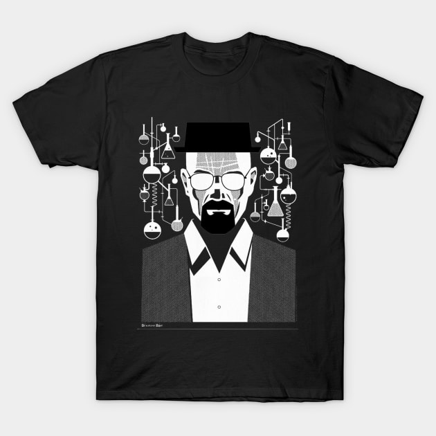 Black graphic t-shirt featuring abstract chemistry design, short-sleeve, casual wear, cotton material.