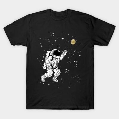 Black t-shirt featuring astronaut design with stars and moon, perfect for space enthusiasts. Cotton material, casual style.