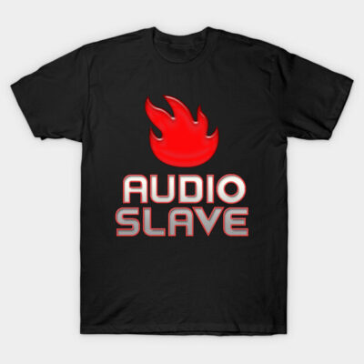 Black graphic t-shirt with red flame logo and bold text design, ideal for casual wear.