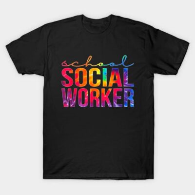 Black t-shirt with "School Social Worker" in colorful, bold letters. Casual wear, cotton material, unisex style.
