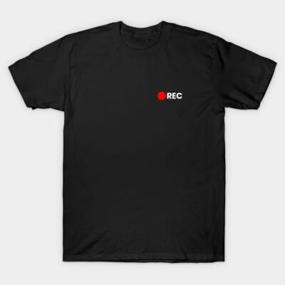 Black cotton t-shirt with red "REC" logo on front, casual style, ideal for everyday wear.