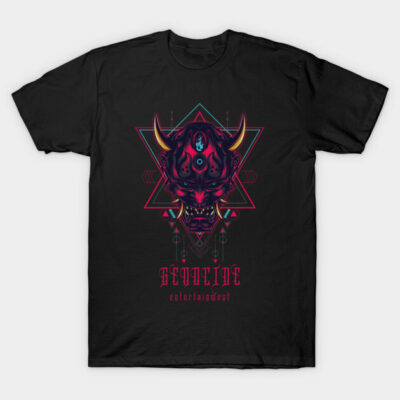 Black graphic t-shirt with colorful geometric demon design, cotton material, casual streetwear style.