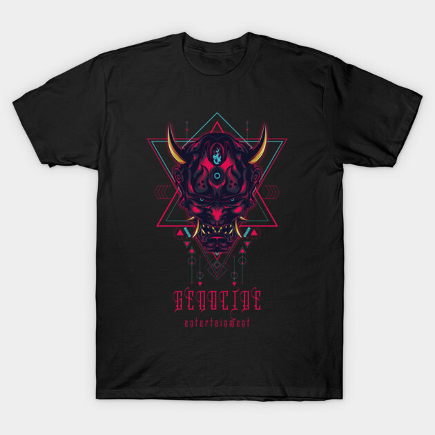 Black graphic t-shirt with colorful geometric demon design, cotton material, casual streetwear style.