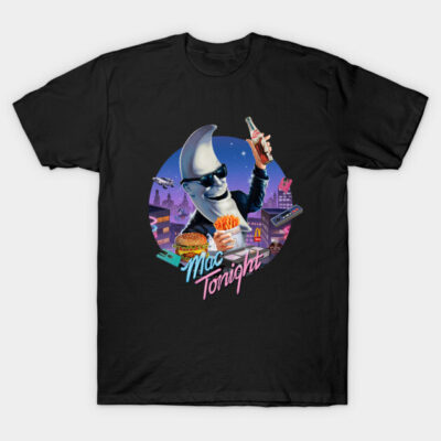Black t-shirt featuring retro moon character design, fast food theme, vibrant colors, perfect for casual wear.