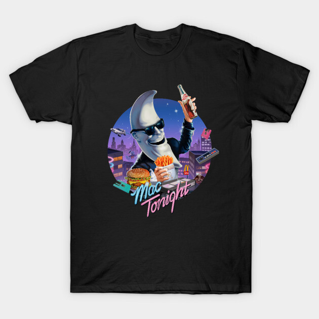 Black t-shirt featuring retro moon character design, fast food theme, vibrant colors, perfect for casual wear.