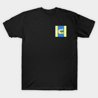 Black cotton t-shirt with small yellow and blue graphic design on left chest, casual wear, unisex style.