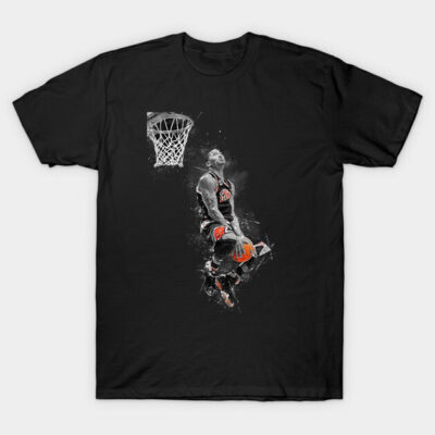 Black basketball-themed graphic T-shirt, featuring a dynamic dunking player design, perfect for sports enthusiasts.