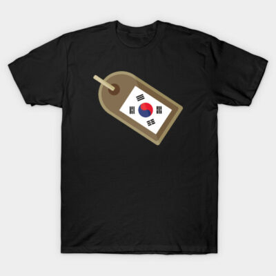 Black T-shirt with South Korean flag tag design, casual wear, cotton material, unisex style.