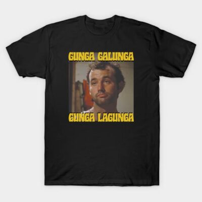 Black graphic t-shirt with "Gunga Galunga Gunga Lagunga" text and retro-style design, casual cotton wear.