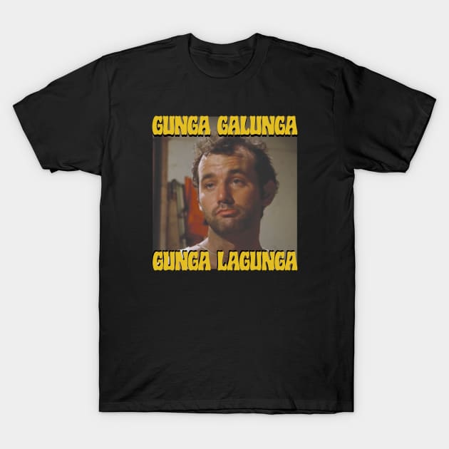 Black graphic t-shirt with "Gunga Galunga Gunga Lagunga" text and retro-style design, casual cotton wear.