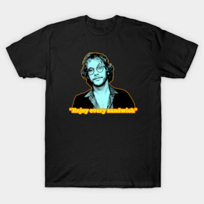 Black graphic T-shirt with retro design and "Enjoy every sandwich" text, casual style, cotton material.