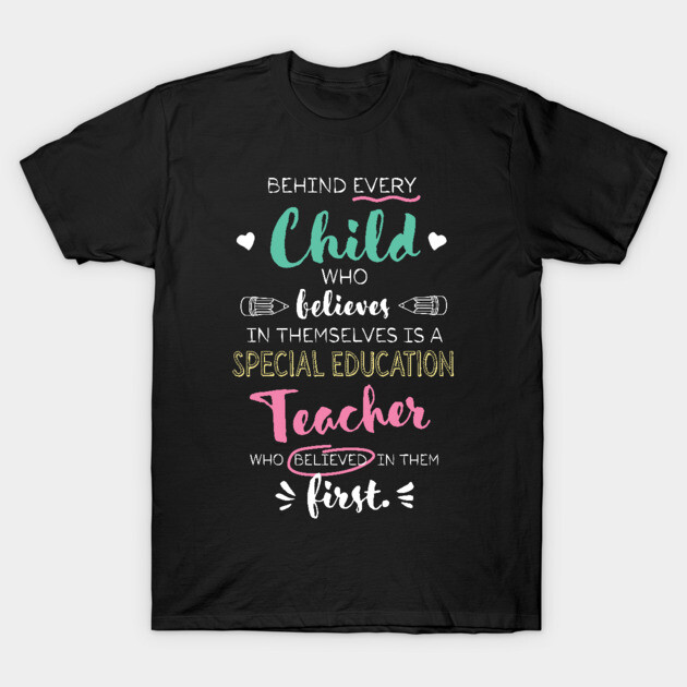 Black T-shirt with colorful motivational text for teachers, featuring educational theme and casual style.