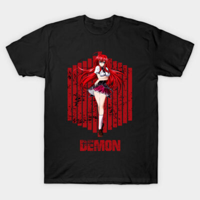 Black anime-themed t-shirt featuring red graphic design with "Demon" text, casual style, cotton material.