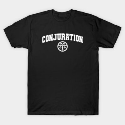 Black t-shirt with "Conjuration" text and logo, casual style, comfortable cotton material for everyday wear.