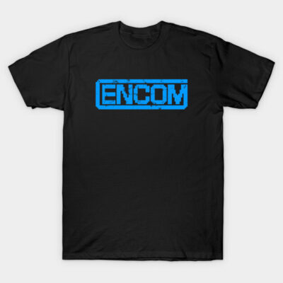 Black cotton t-shirt with blue "ENCOM" graphic, casual style for everyday wear.