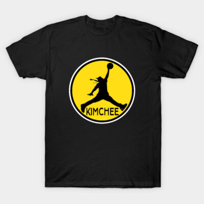 Black t-shirt with yellow circular logo featuring silhouette and "Kimchee" text, casual wear, cotton fabric.