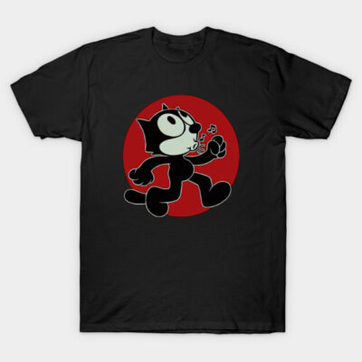 Black graphic t-shirt with cartoon cat design, red circle background. Casual cotton tee for everyday wear.