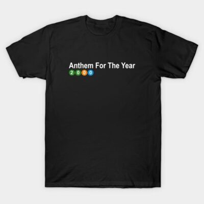 Black cotton t-shirt with "Anthem For The Year 2000" text design. Casual style, perfect for everyday wear.