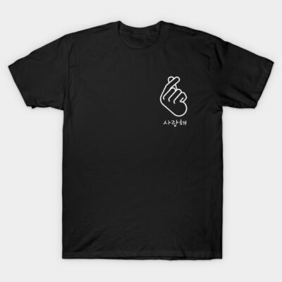 Black cotton t-shirt with minimalist white hand gesture and Korean text design, casual wear.