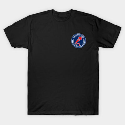 Black cotton t-shirt with small blue and red graphic on left chest, perfect for casual wear and comfort.
