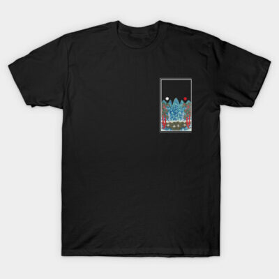 Black t-shirt with colorful abstract graphic design, unisex casual wear, soft cotton material.