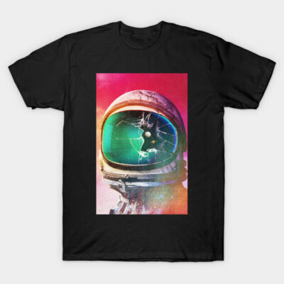 Black t-shirt with vibrant astronaut helmet print design, colorful space theme, ideal for casual wear.