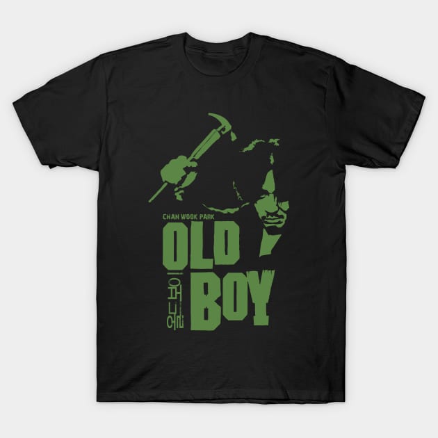 Black cotton t-shirt featuring green graphic design with "Old Boy" text, casual wear for fans of classic cinema.