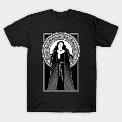 Black cotton t-shirt featuring an intricate monochrome art design, ideal for casual wear and artistic expression.
