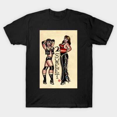 Black t-shirt featuring vintage tattoo-style graphic design with bold colors, ideal for casual wear and expressive style.