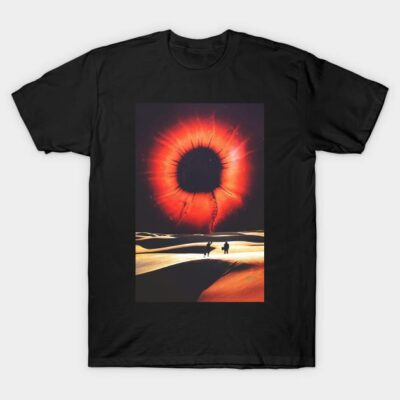Black cotton t-shirt with a red cosmic explosion design, perfect for casual wear or sci-fi enthusiasts.