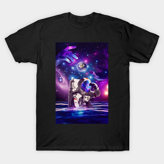 Black t-shirt featuring a colorful cosmic astronaut design with space-themed graphics, ideal for casual wear.
