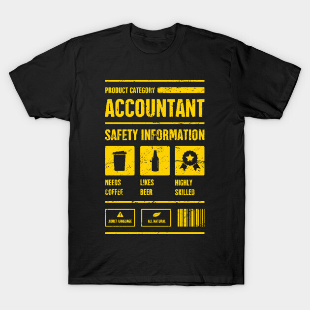 Black "Accountant Safety Information" T-shirt with yellow text, humorous design, casual wear, cotton material.