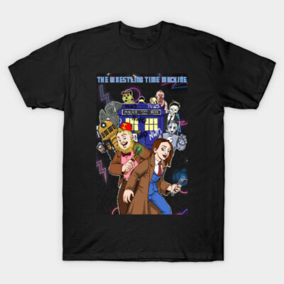 Black graphic t-shirt featuring colorful "The Wrestling Time Machine" design with sci-fi and wrestling elements.