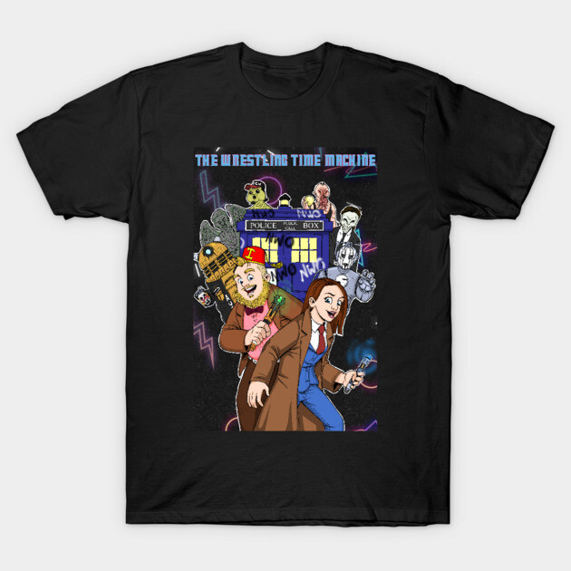 Black graphic t-shirt featuring colorful "The Wrestling Time Machine" design with sci-fi and wrestling elements.