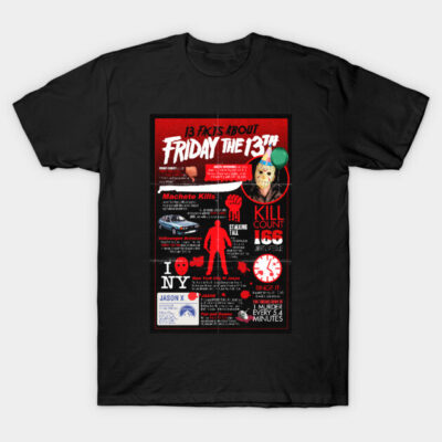 Black "Friday the 13th" graphic t-shirt, horror-themed design with red and white text and imagery, cotton material.