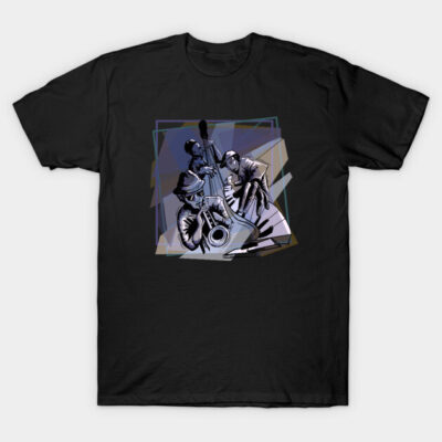 Black jazz band graphic t-shirt, featuring musicians illustration, casual wear, cotton blend, unisex style.