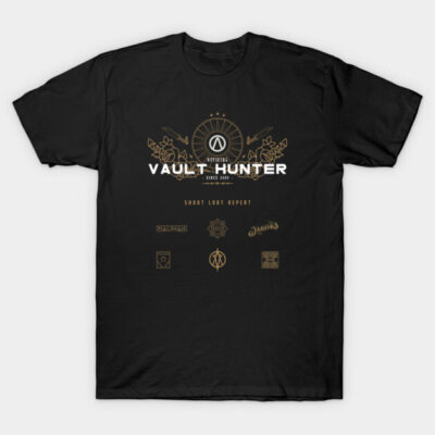 Black t-shirt with gold "Vault Hunter" design, featuring gaming graphics, ideal for casual wear. 100% cotton material.