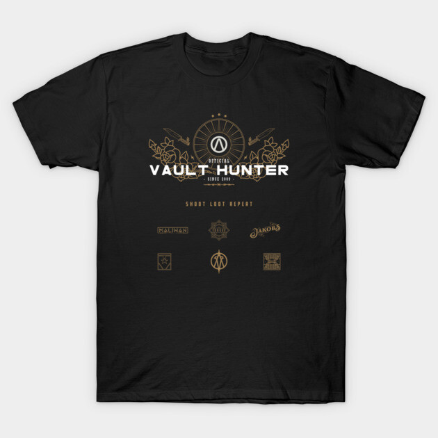 Black t-shirt with gold "Vault Hunter" design, featuring gaming graphics, ideal for casual wear. 100% cotton material.