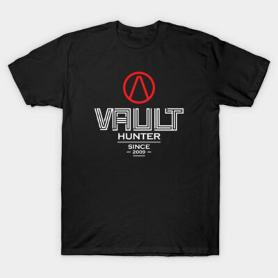 Black graphic t-shirt, red and white "Vault Hunter" print, casual style, cotton material, ideal for gamers.