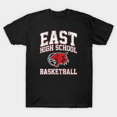 Black t-shirt with "East High School Basketball" print in white and red, featuring a red hawk logo.