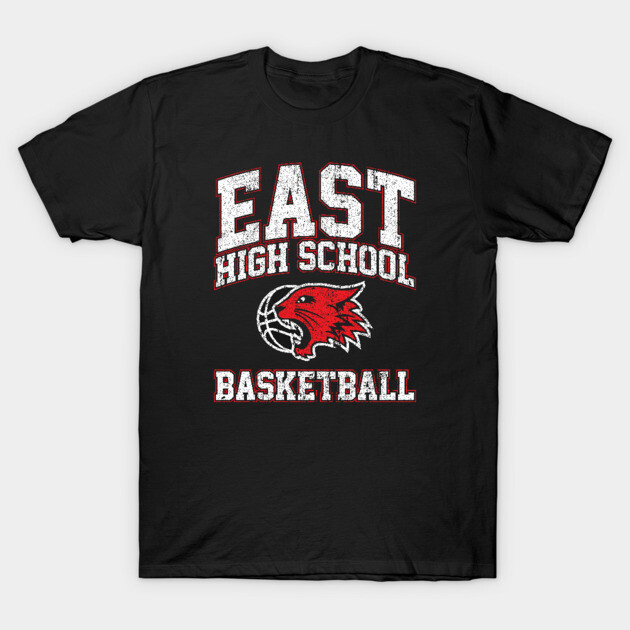 Black t-shirt with "East High School Basketball" print in white and red, featuring a red hawk logo.