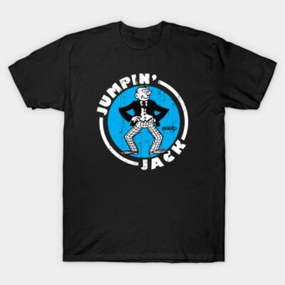 Black cotton t-shirt with "Jumpin' Jack" graphic in white and blue, featuring a retro cartoon character design.