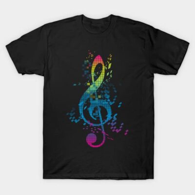 Black T-shirt with colorful digital music note design, perfect for casual wear, made from soft cotton.
